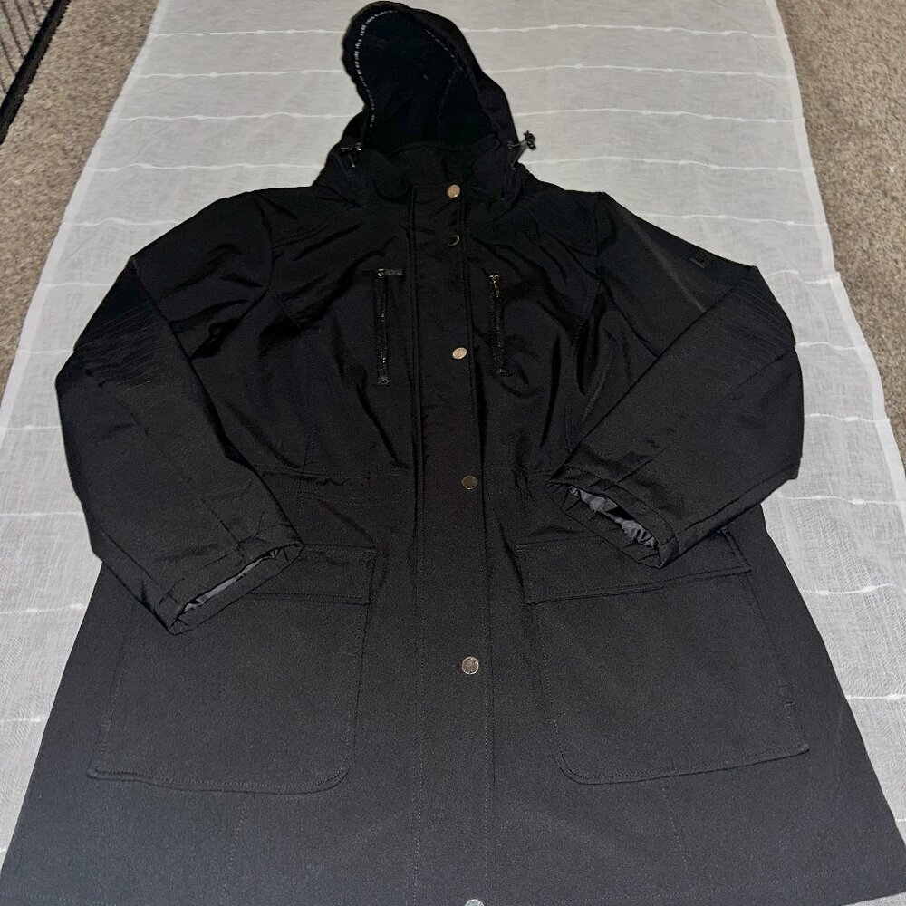 Dkny Women's Hooded Zip-Front Long Anorak Coat 1xl Front Button Close Pockets